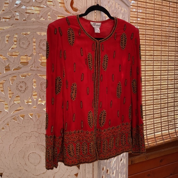 Glamorous red silk  embellished Silk women’s vintage jacket-Medium - Picture 2 of 16
